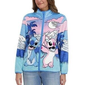 Disney Stitch Ohana Club Sherpa Fleece Jacket Womens M Blue Pink Full Zip NWT